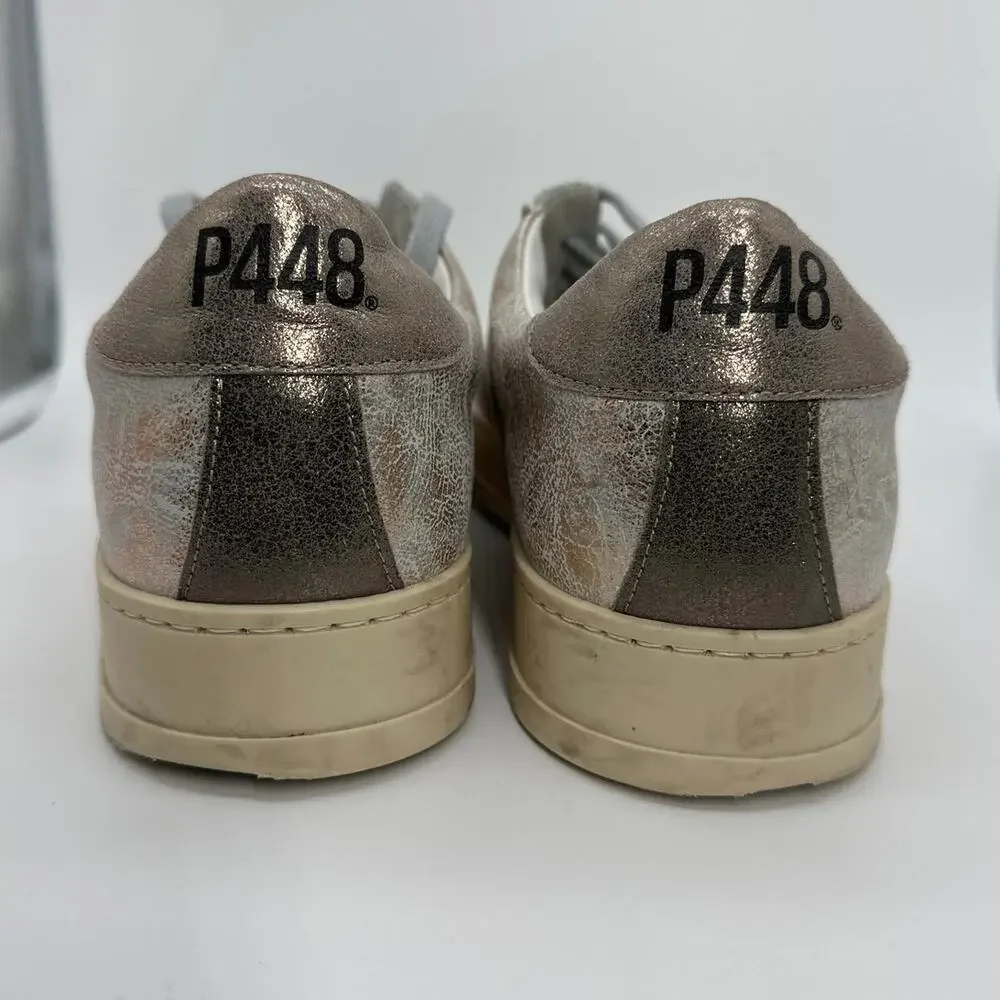P448 John Low Top Sneakers Gold Metallic White Leather Women’s Casual Sz 40/ 9.5